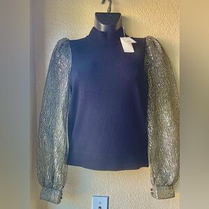 NWT CRINKLE STRIPE LAME-SLEEVE SWEATER IN BLACK